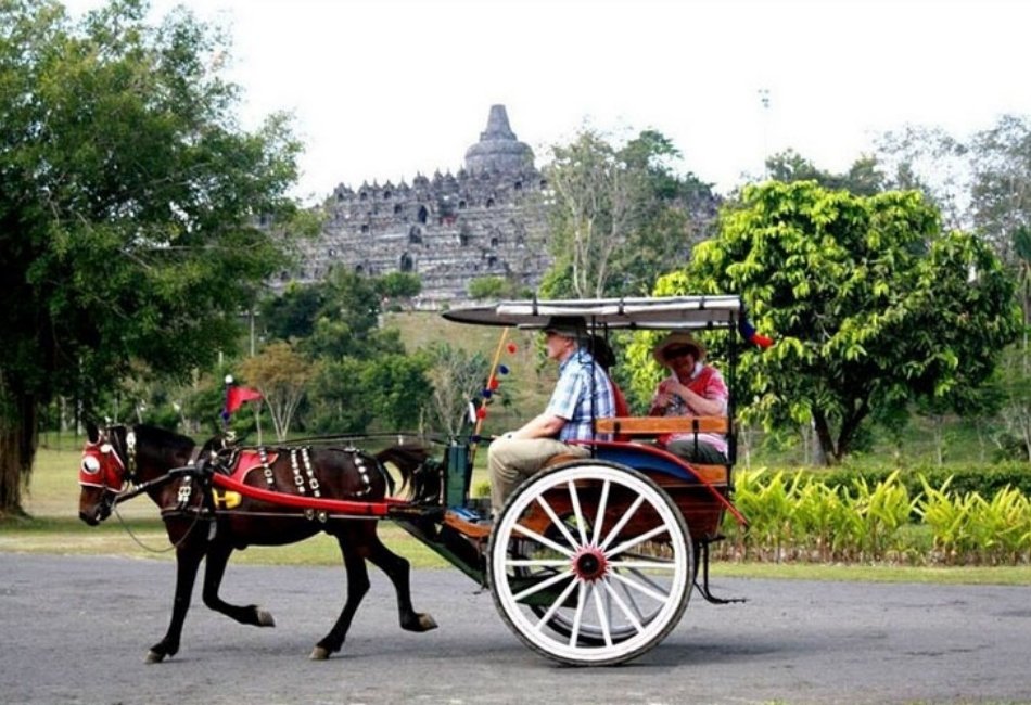 Horse-drawn carriage tour near Borobudur Temple in Central Java Indonesia