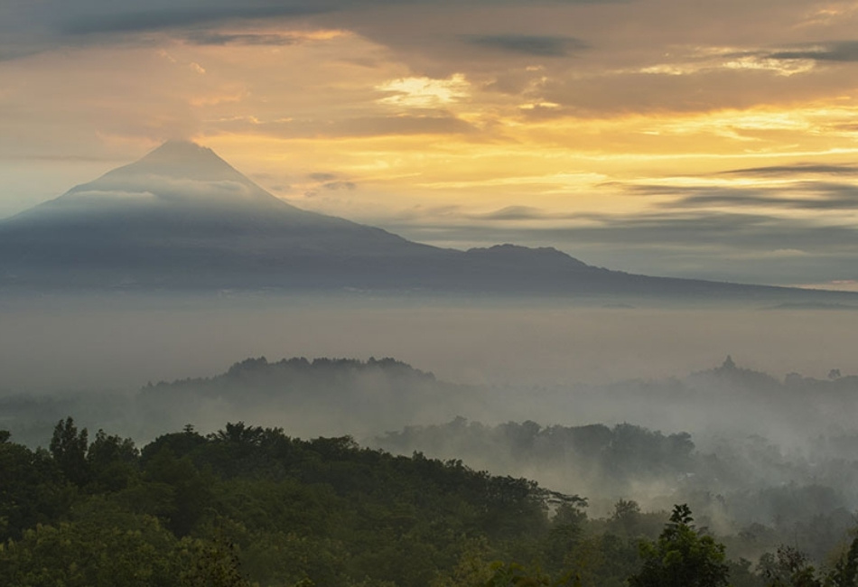 Sunrise mountain landscape near Borobudur in Central Java Indonesia
