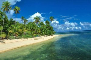 Breathtaking turquoise sea and vibrant coral reefs surrounding Wakatobi Island under a clear blue sky