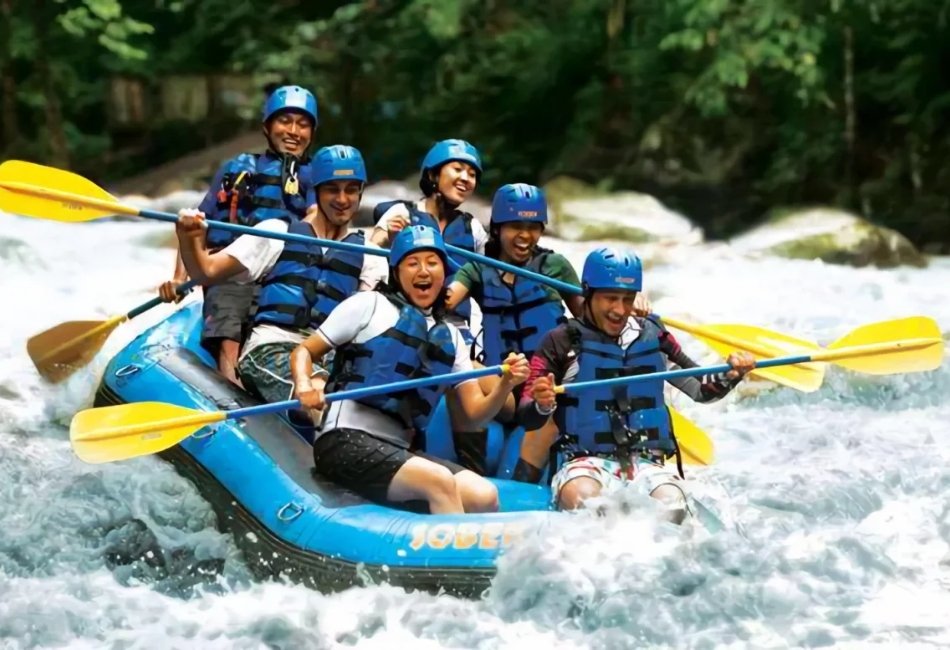 White-water rafting adventure with friends during a vacation in Indonesia