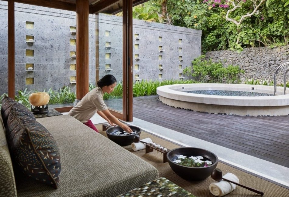 Private spa treatment room with outdoor jacuzzi for an upscale Indonesia retreat