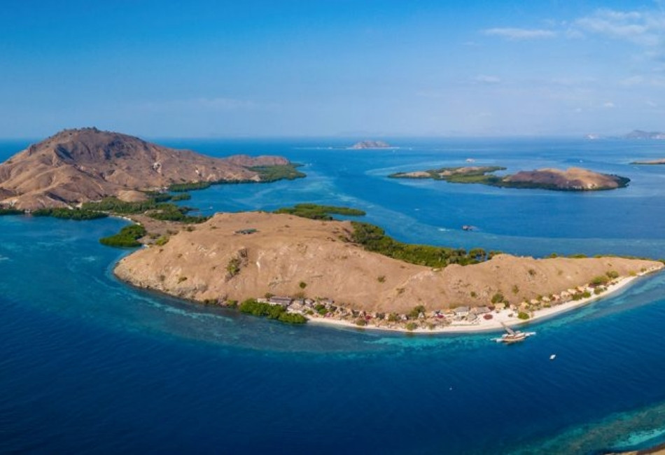 Aerial island view near Komodo National Park for a luxury Indonesia safari tour