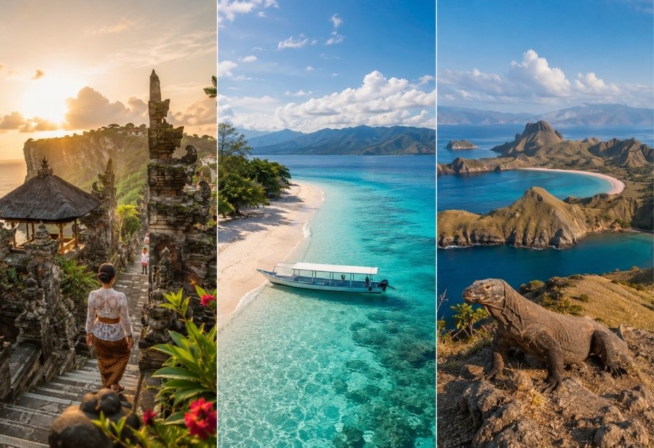 Bali, Lombok and Komodo triptych with scenic temple, turquoise beach and rugged island views