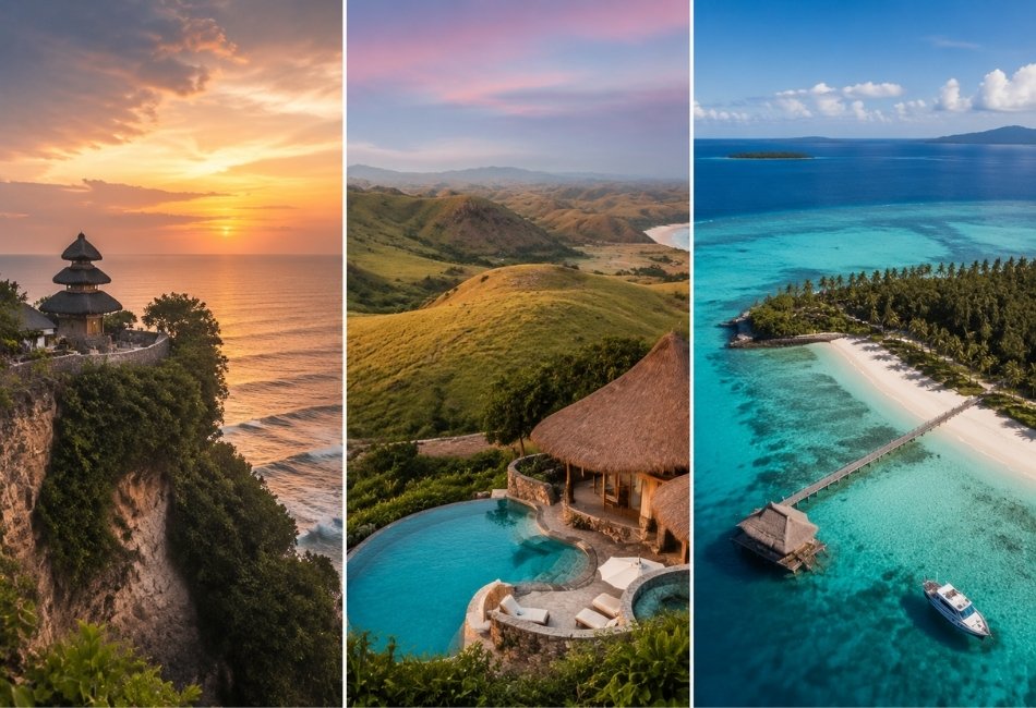 Bali, Sumba and Wakatobi triptych with cliff temple, savanna resort and turquoise reef