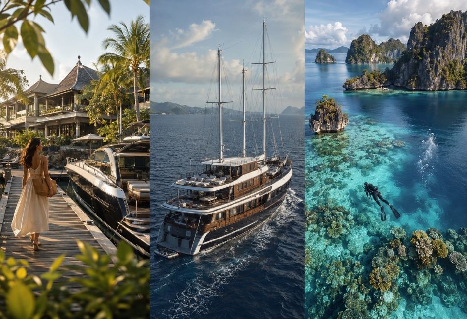 Bali and Raja Ampat triptych with luxury yacht, coral reef and dramatic island views