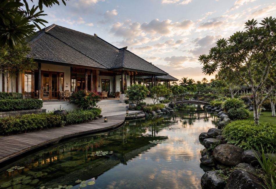 Grand Hyatt Nusa Dua Bali tropical garden pond with lush greenery and peaceful resort views